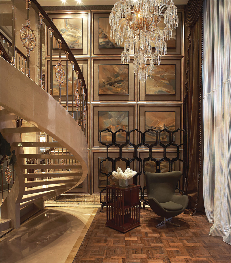 405平新中式轻奢别墅装修效果图,140平方别墅中式楼梯装修效果图