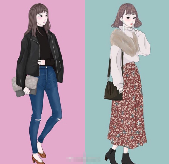 复古文艺风穿搭人物手绘,时尚穿搭小清新手绘