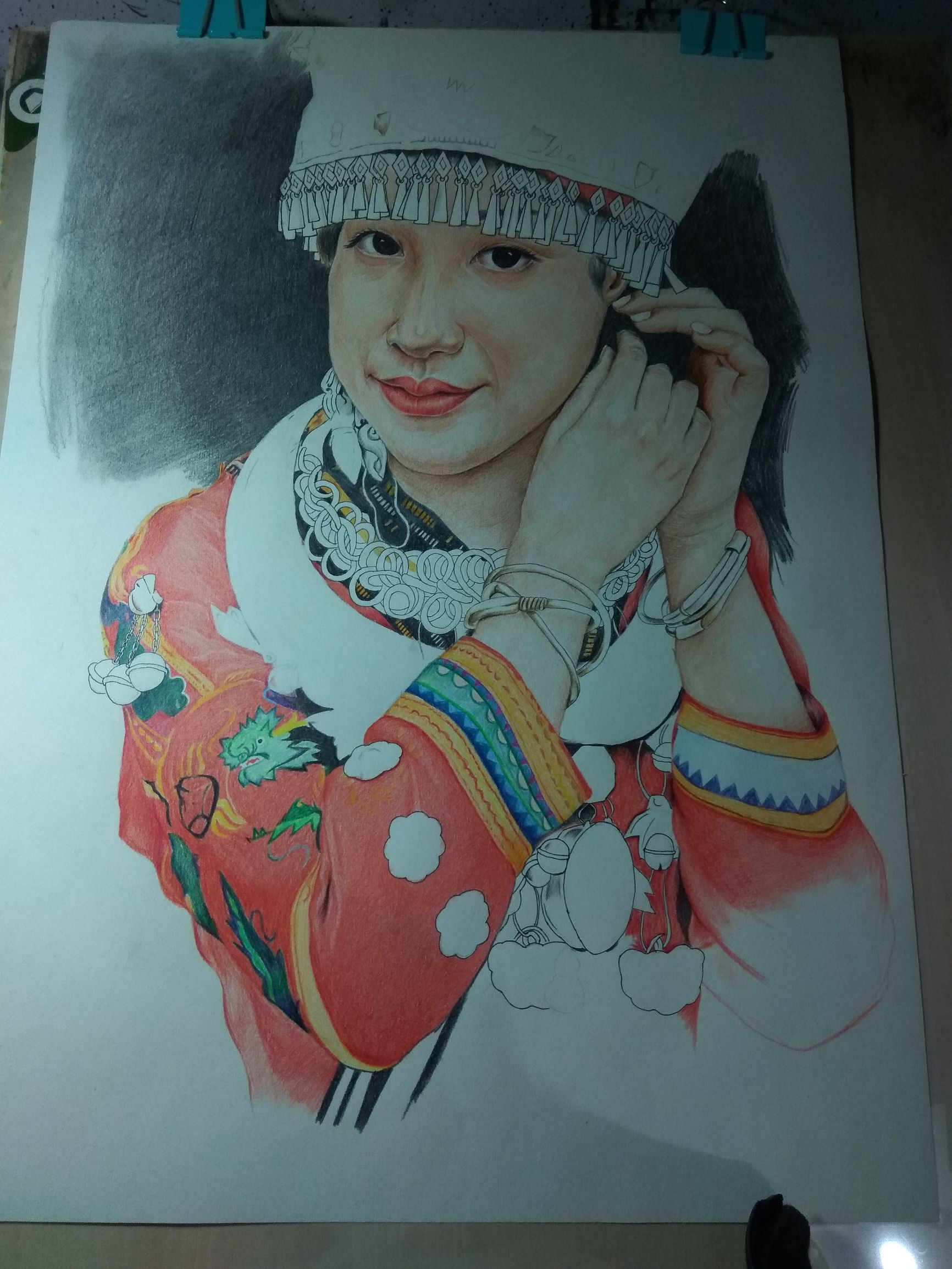 马克笔画苗族少女,苗族姑娘彩铅画