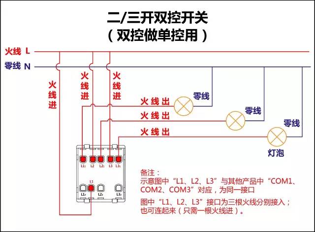单控三控开关接线图解法,单开三控开关接线方法线路图