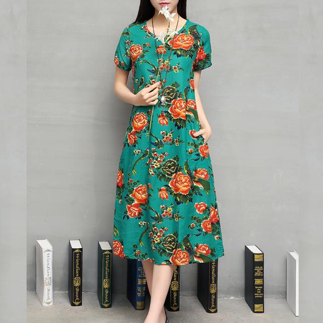 民族风大码碎花连衣裙，棉麻布料透气又时髦