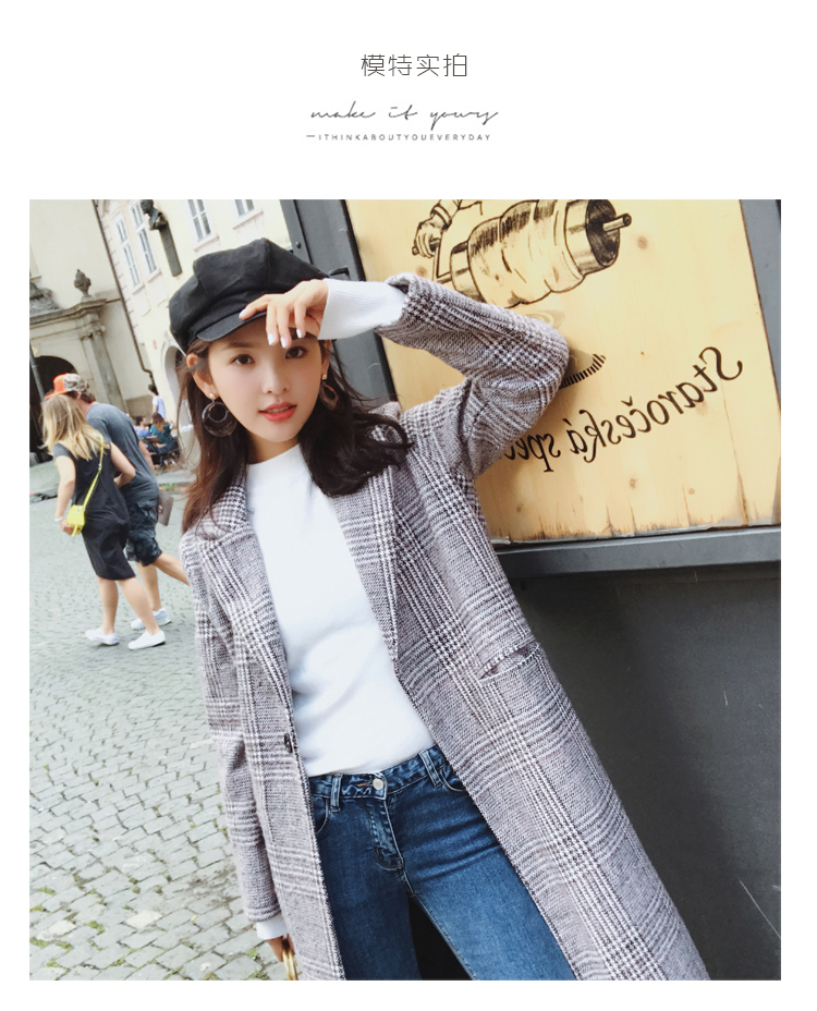 长款毛呢女外套，千鸟格加厚呢子大衣