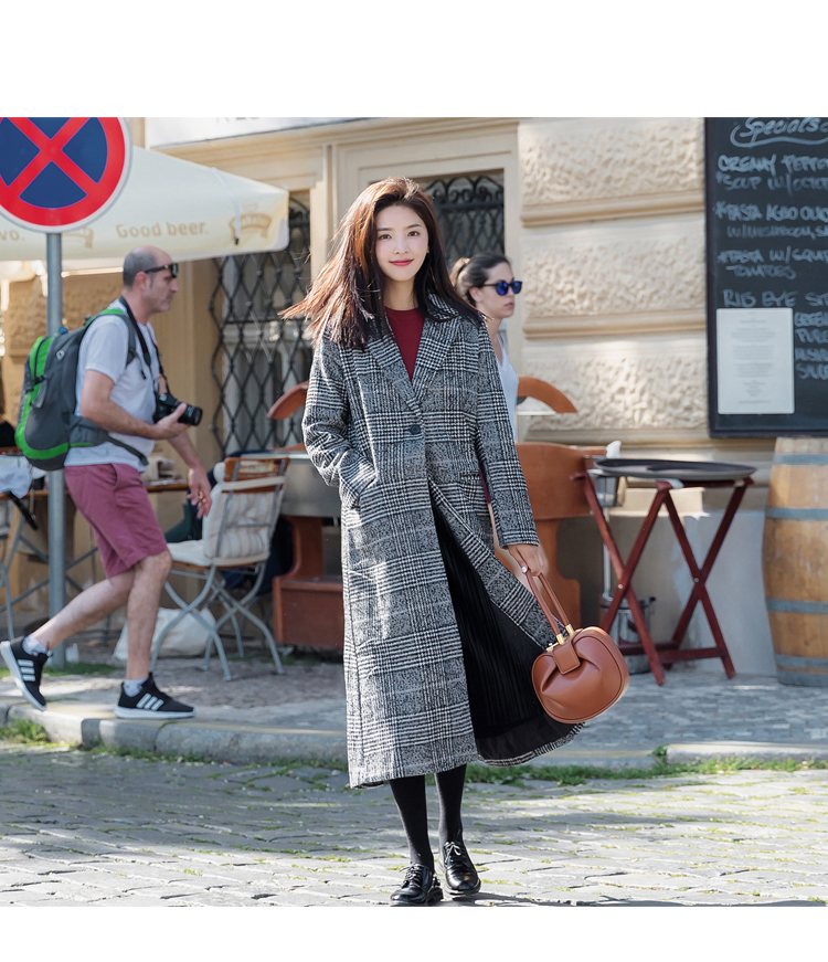 长款毛呢女外套，千鸟格加厚呢子大衣