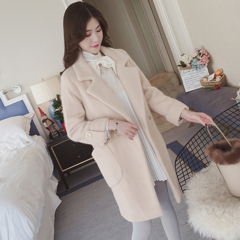 水貂绒西装领外套女中长款,灯笼袖水貂绒开衫外套中长款带帽