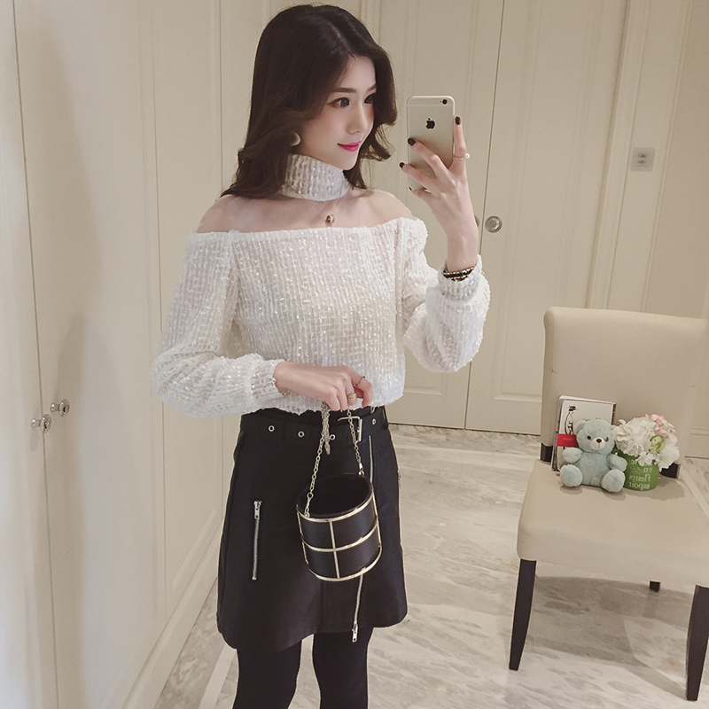 2018春季新款性感透视拼接网纱打底衫女雪纺小衫长袖一字露肩上衣