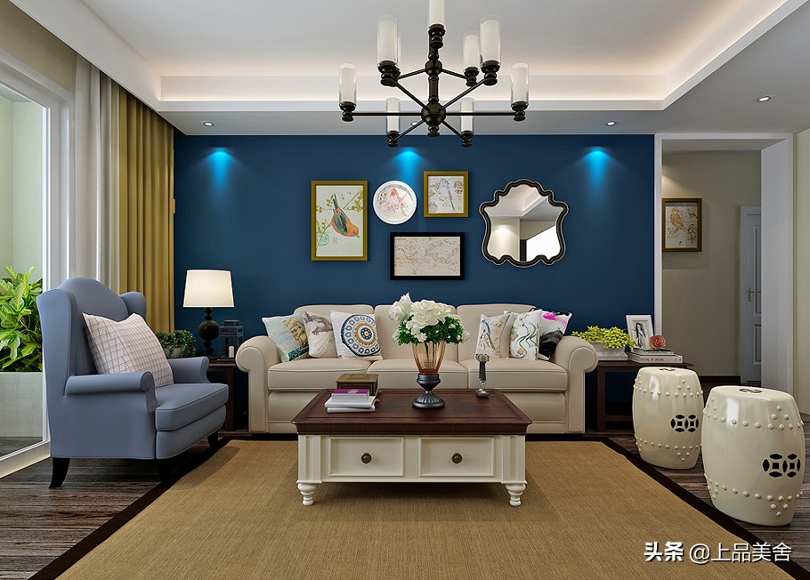 美式风格沙发背景墙效果图大全,美式风格蓝色沙发背景墙效果图