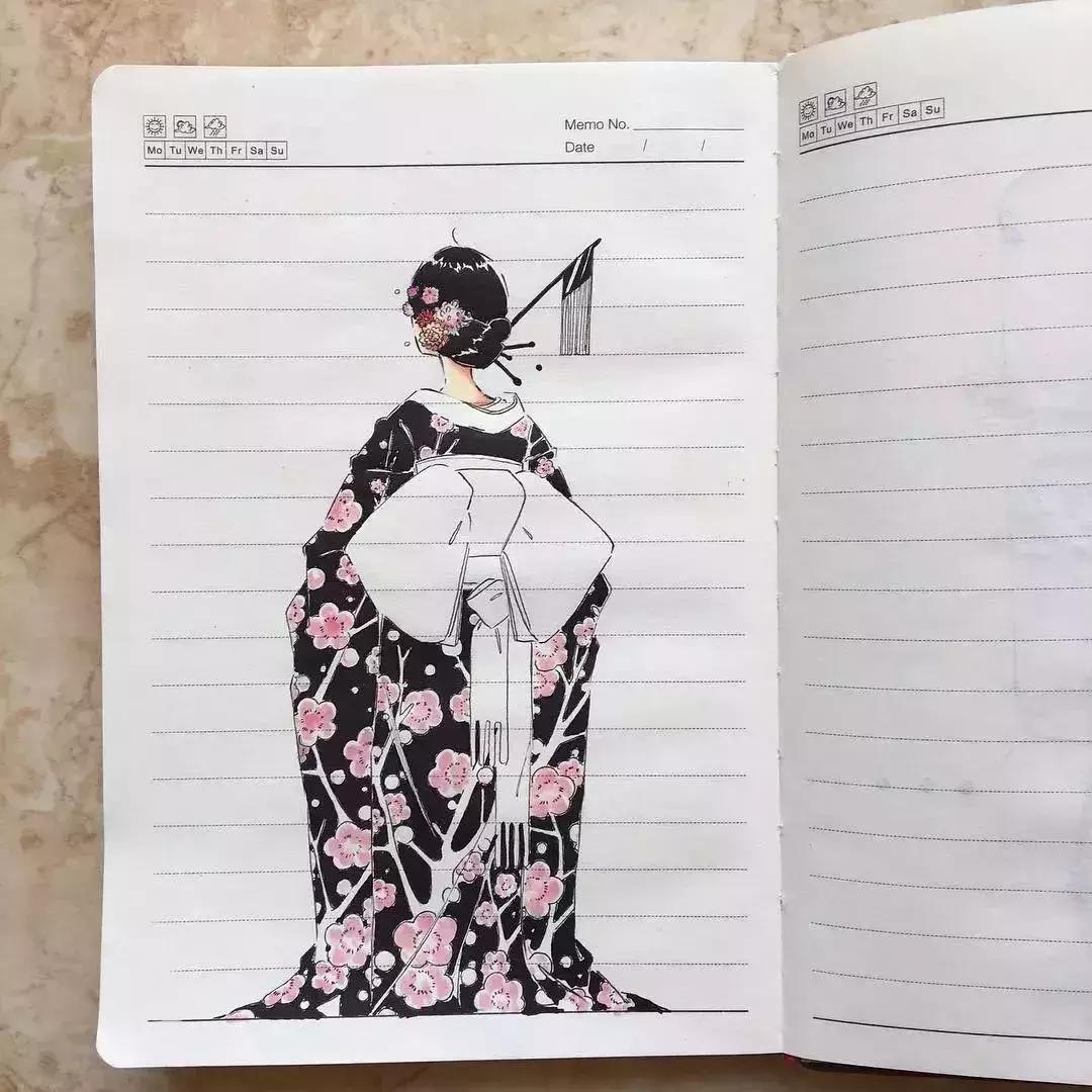 日本小姐姐画画素描,日本小姐姐一组插画