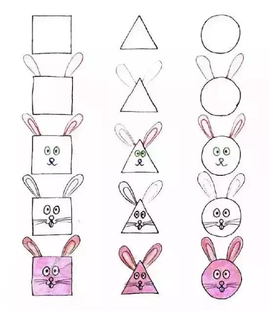 几何简笔画：圆圆方方画动物，中间三角来凑数，幼儿园这创意不错