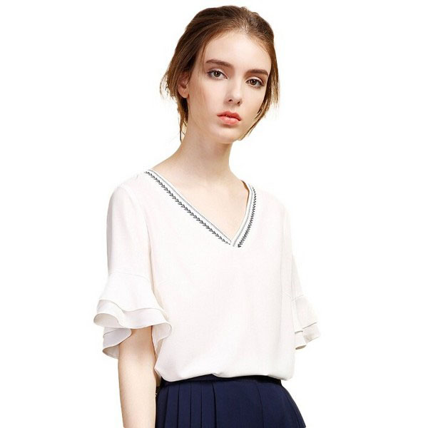 气质雪纺衫深v领显瘦,雪纺衫上衣v领新款显瘦