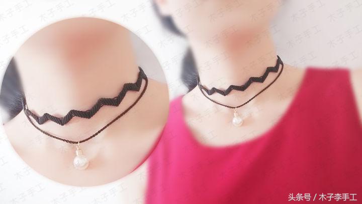 双层锁骨链编绳编法,黑色双层珍珠项链锁骨链高级感