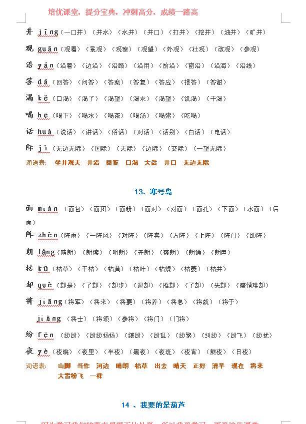 二年级语文上册必学的生字表,语文人教版二年级生字表和词语表