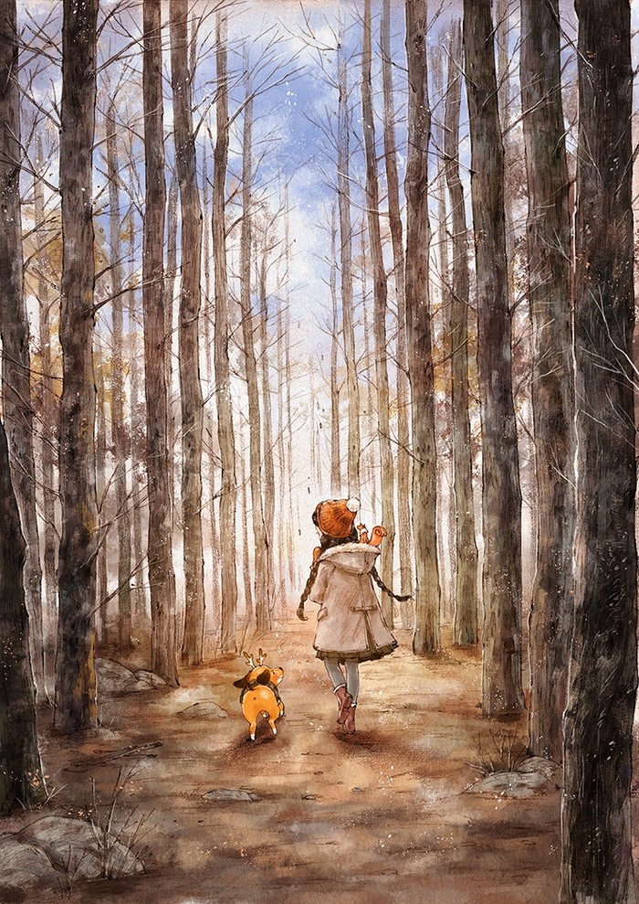 韩国森林女孩冬季插画 (手绘插画森林少女背影图片)