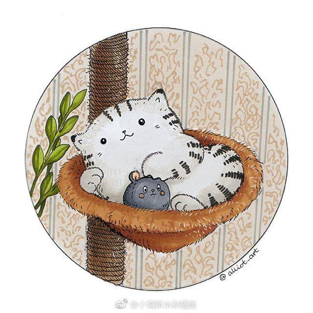 一组超萌的猫咪铅笔画,日本很火的可爱猫咪插画