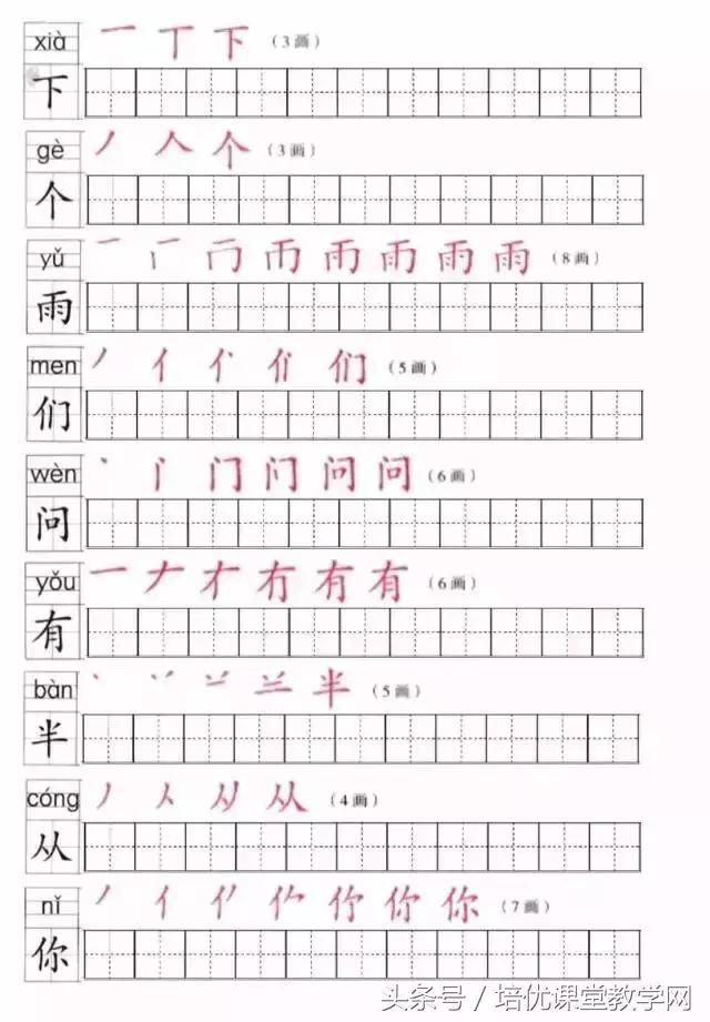 一年级语文上册生字笔顺表打印版,一年级上册语文生字笔顺组词复习