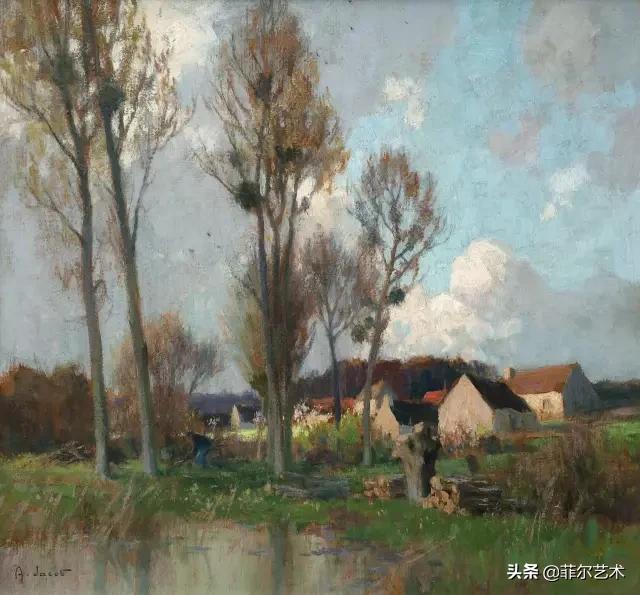 极简油画金色麦田和山,以红蓝为基调的风景油画