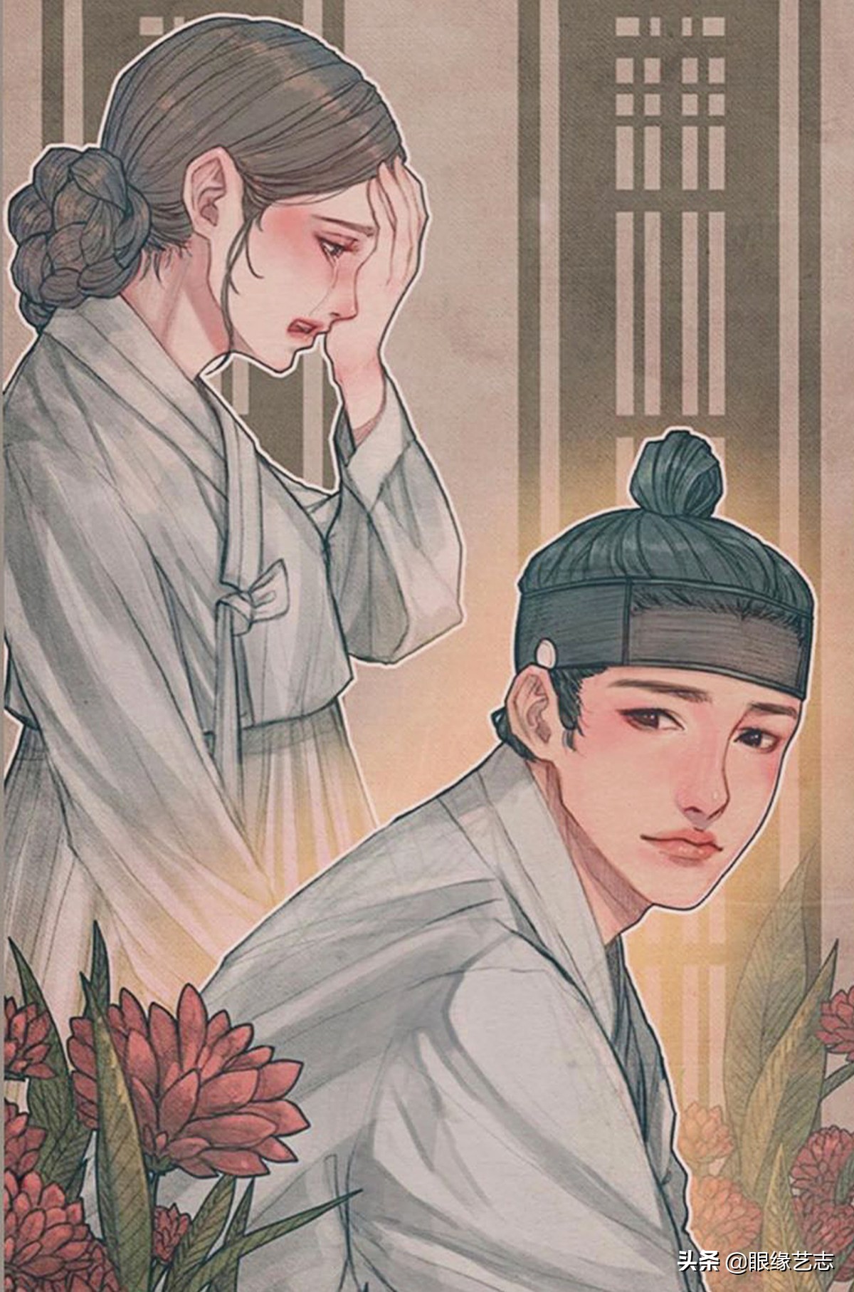 韩式穆夏风插画,韩国传统服饰插画