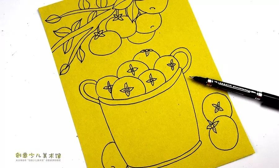 儿童水墨画篮子里的柿子,儿童绘画一篮子柿子作品