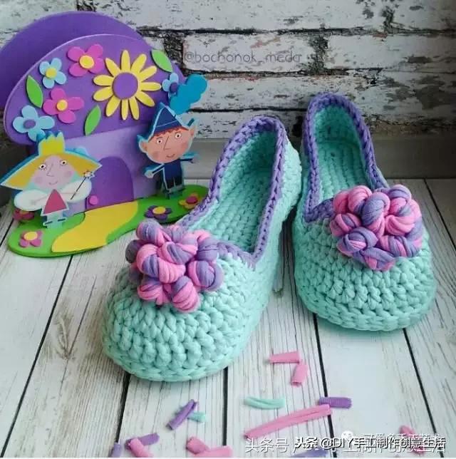 布条线桃花拖鞋编织教程,旧布条编拖鞋方法