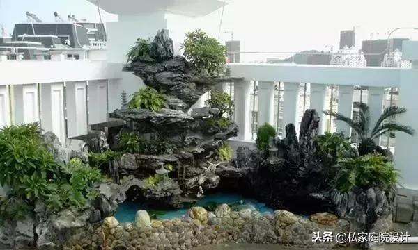 阳台角落鱼池假山流水景观制作,庭院假山鱼池景观设计效果图