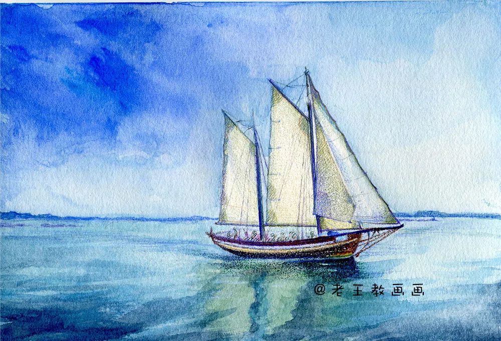 水彩教程来了，教你画海洋，天空和帆船