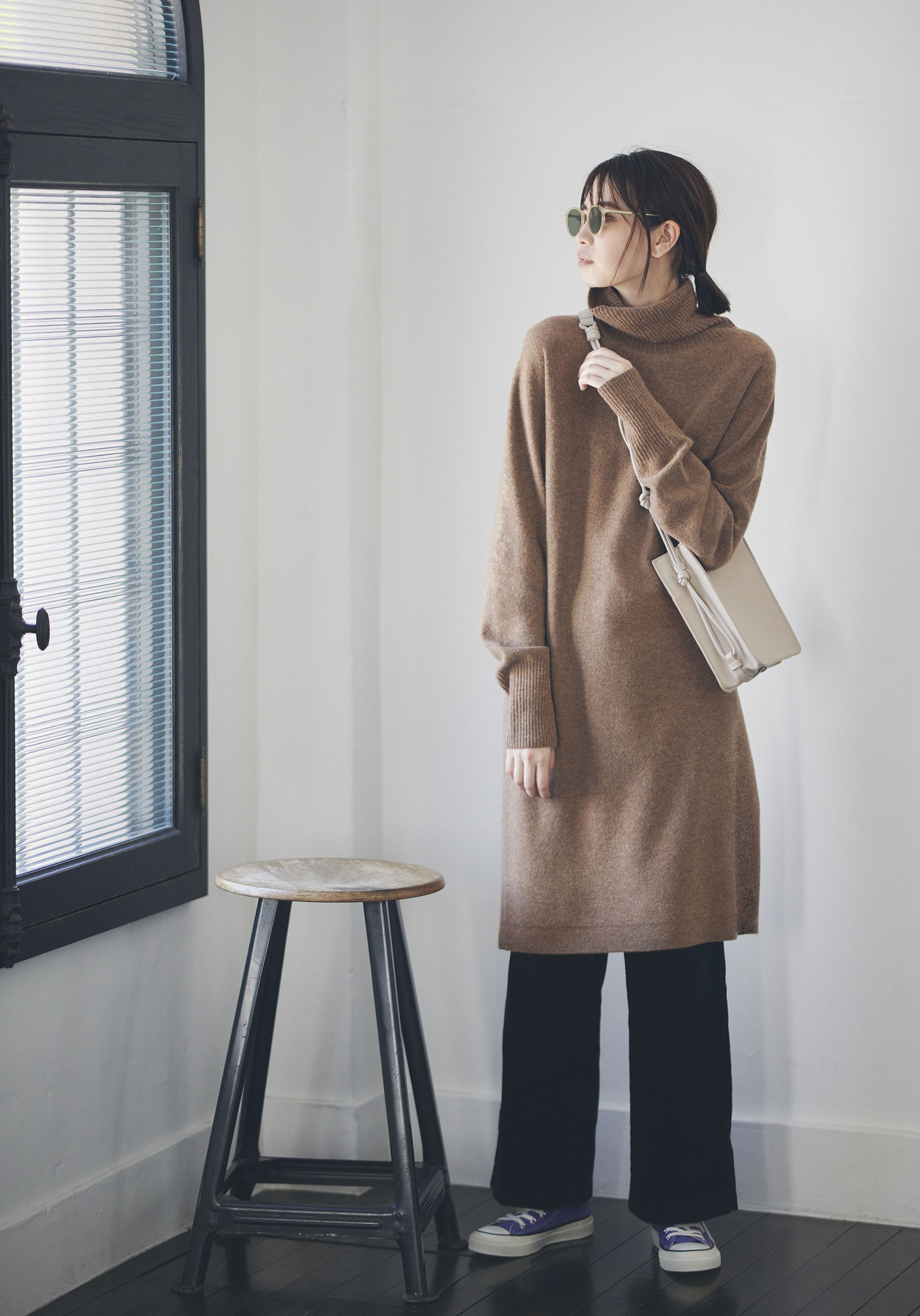 秋冬腰带款针织连衣裙紫色,针织连衣裙秋冬款穿搭图