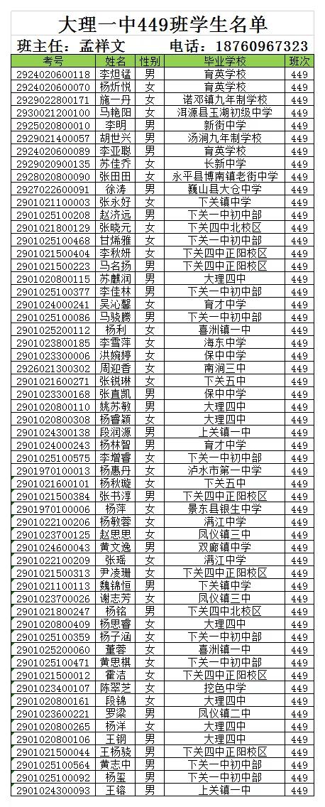 大理新世纪中学高一新生录取名单,大理新世纪中学2006高15班