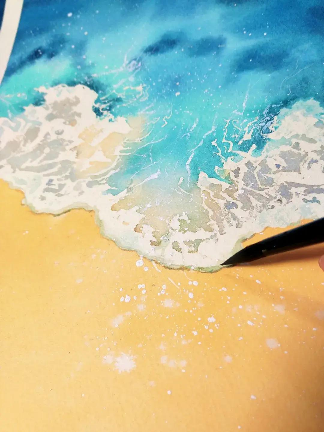 用水彩笔画海滩和海鸥,水彩风景画海滩图片