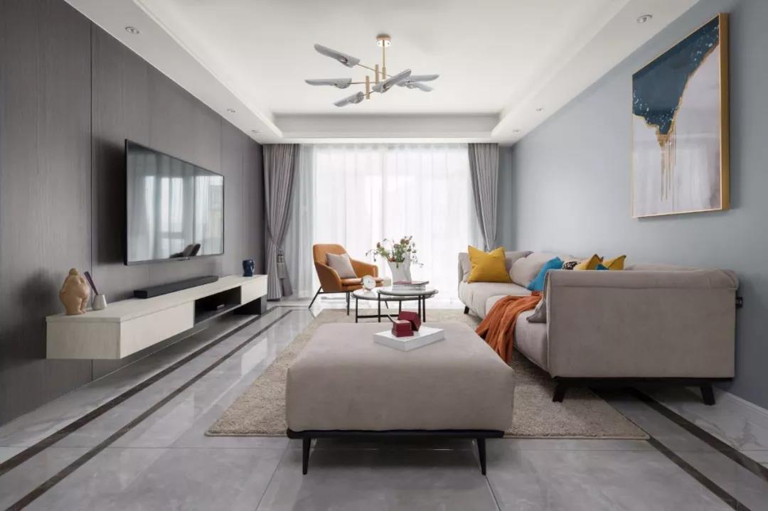 摩卡灰地砖客厅效果图,灰咖色客厅地砖装饰效果