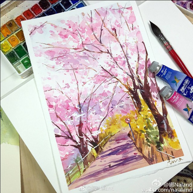 樱花画法水彩教程视频,樱花水彩视频