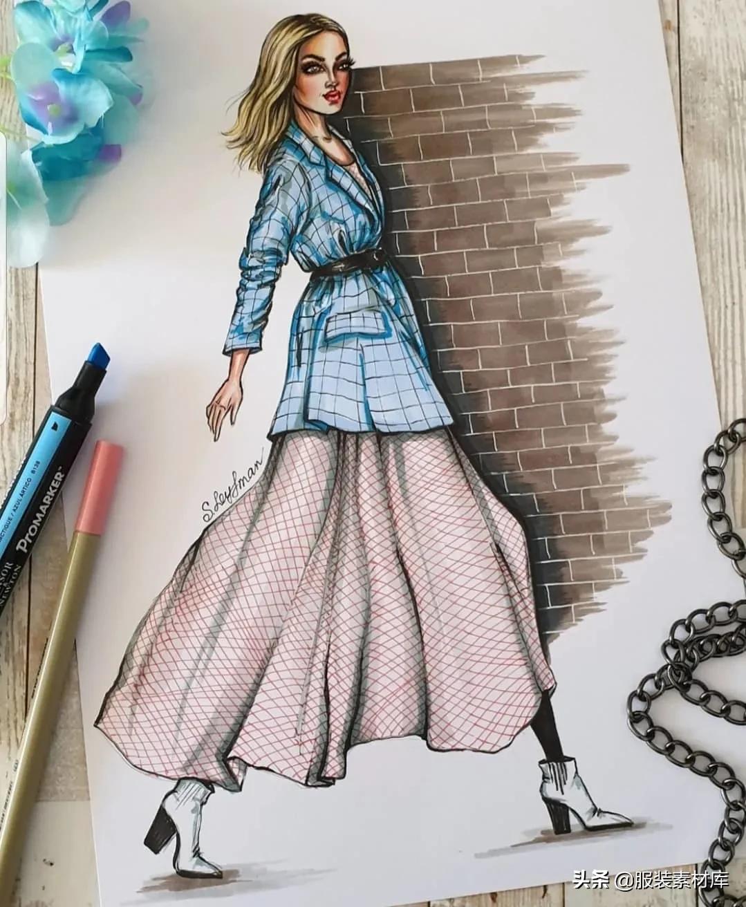 马克笔时装手绘,时装效果图马克笔