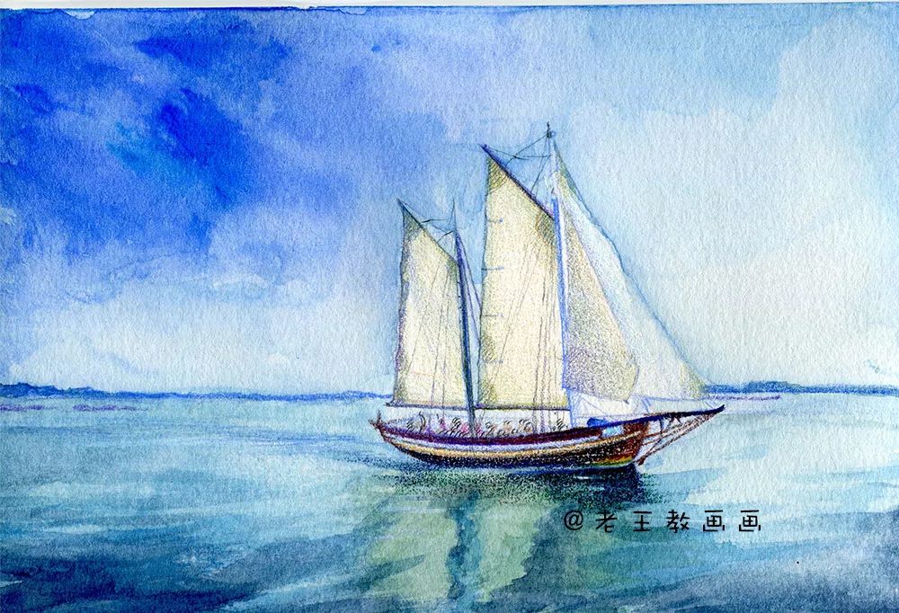 水彩教程来了，教你画海洋，天空和帆船