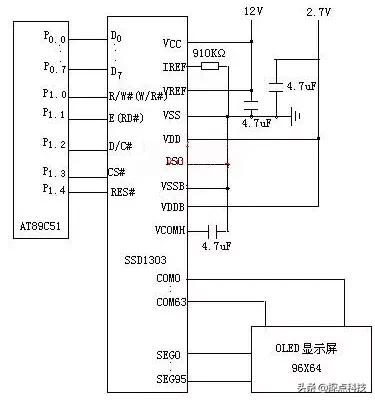 OLED显示屏,行驱动电路设计,单片机AT89C51与和显示屏的硬件接线