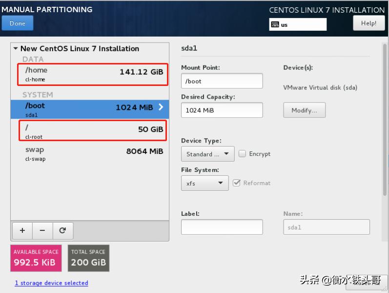 centos7.4安装手动磁盘分区,centos7安装如何选择磁盘分区