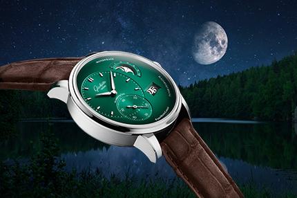 玫瑰金偏心月相腕表,森林绿欧美风太空人表盘