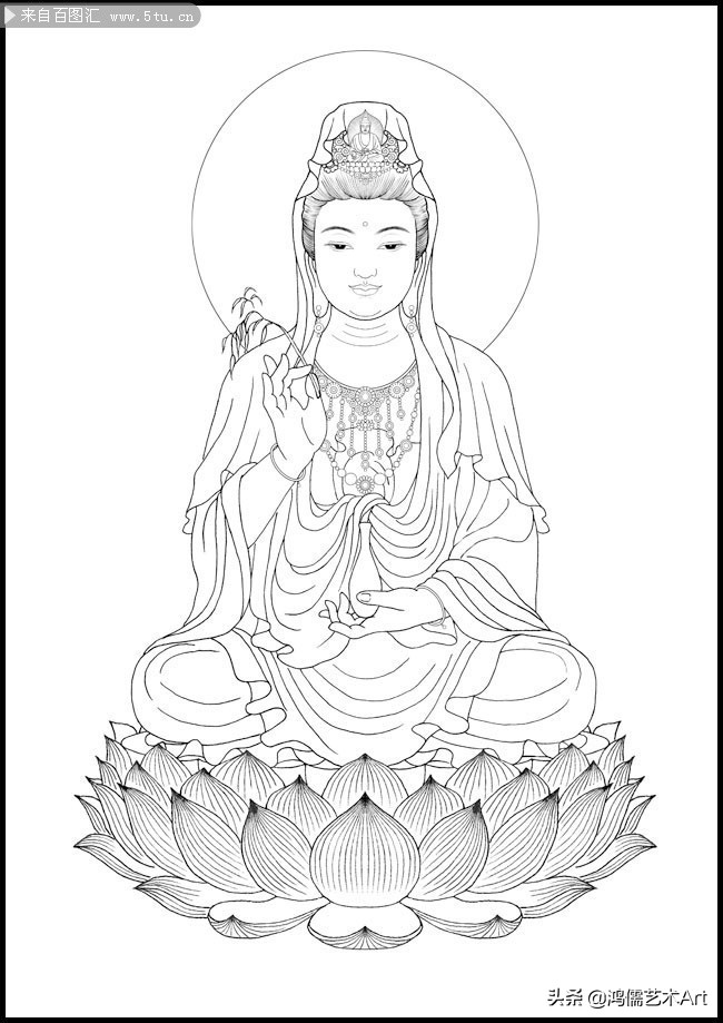 简单观音菩萨白描图片大全,工笔观世音菩萨基础画法步骤详解