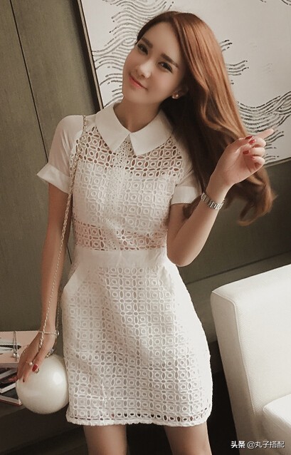 秋水伊人蕾丝镂空连衣裙套装,镂空蕾丝白色方领连衣裙