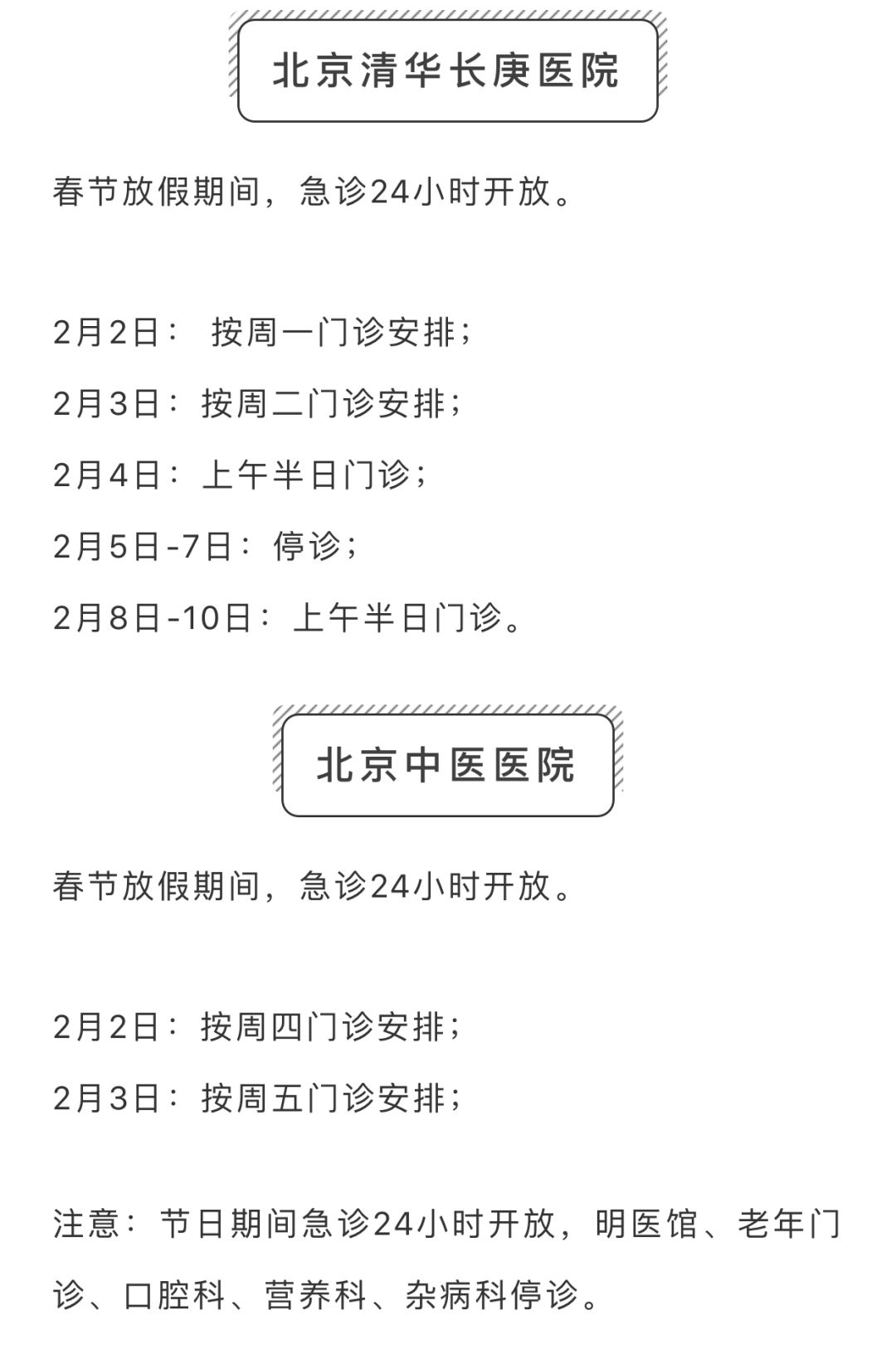 春节期间，昌平区部分二、三级医院门诊信息
