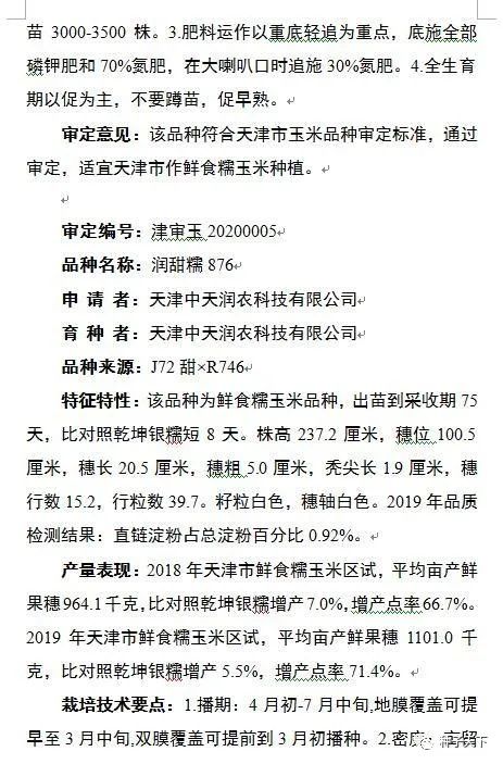 全国玉米新品种审定公告,天津6个玉米品种