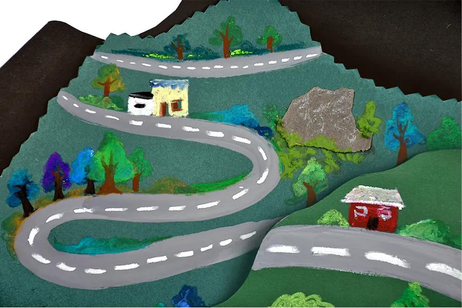 山路十八弯幼儿园颜料绘画图片,七拐八弯的山路怎么画