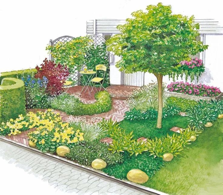 手绘清新小花园,日式庭院迷你小花园手绘