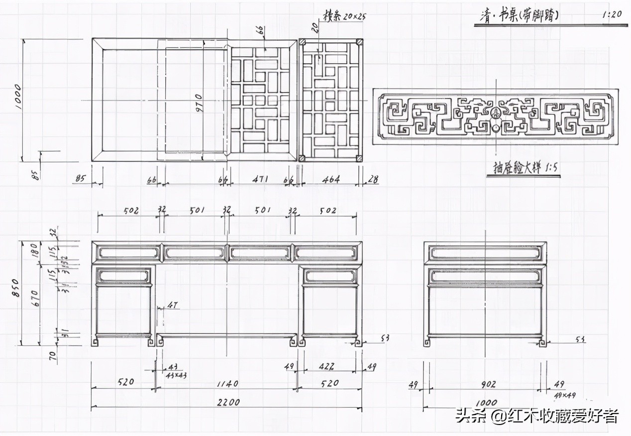 中国传统家具手绘三视图,古典家具设计图纸