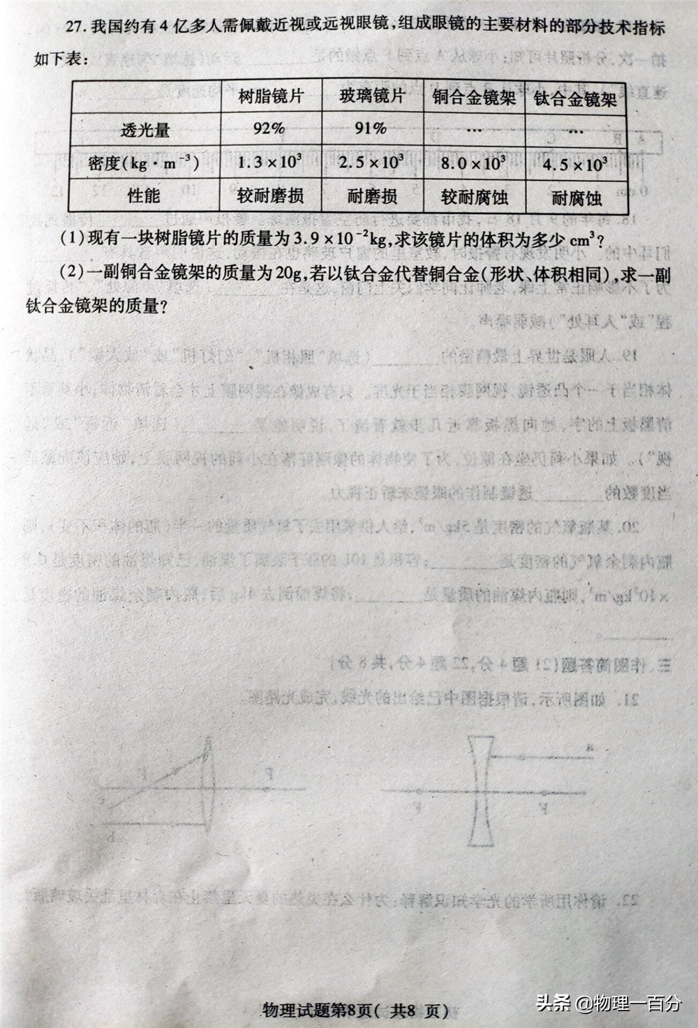 初二物理期末考试试卷及答案,初二物理期末考试题