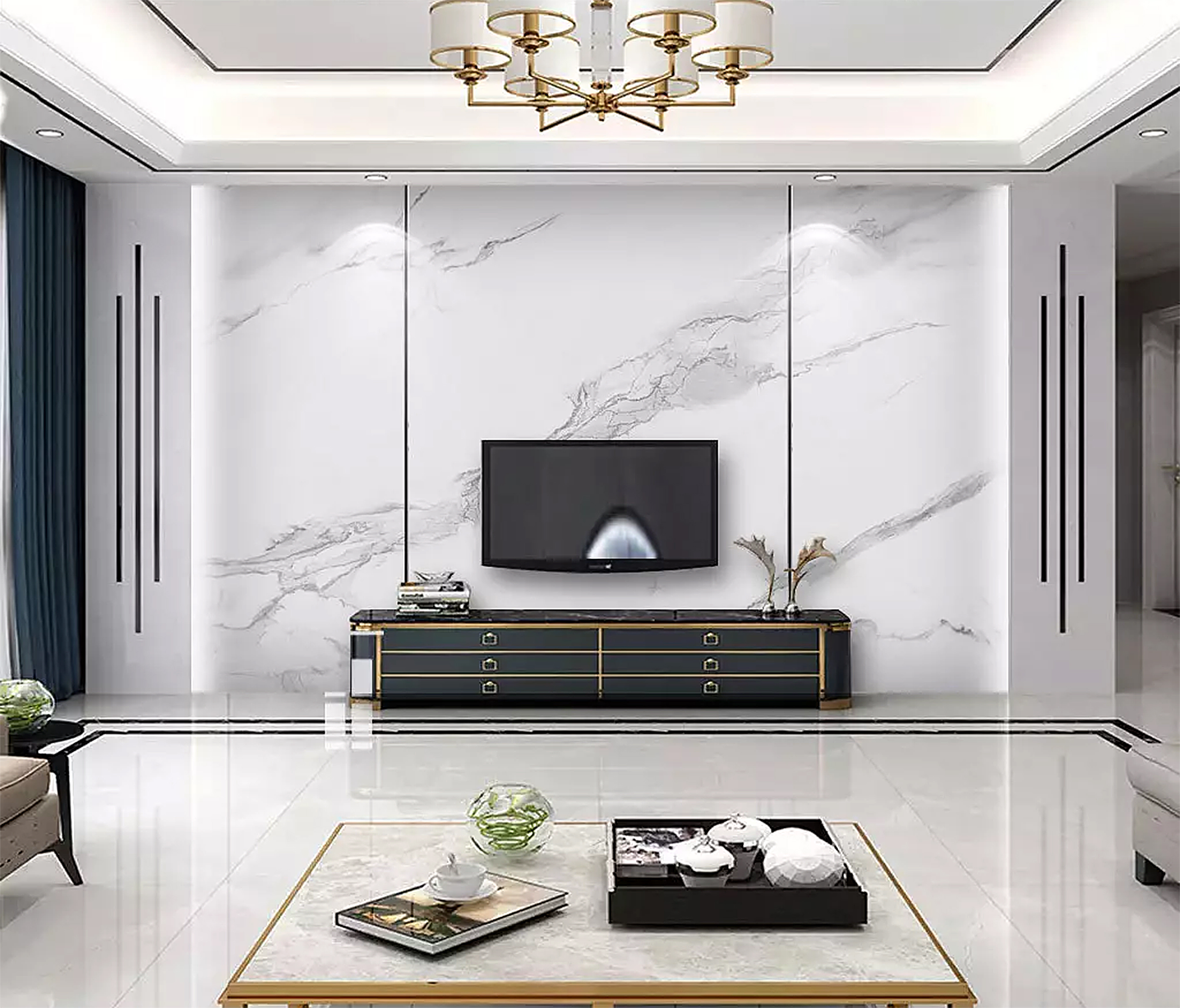 新中式风格瓷砖石材艺术背景墙,大理石瓷砖背景墙效果图