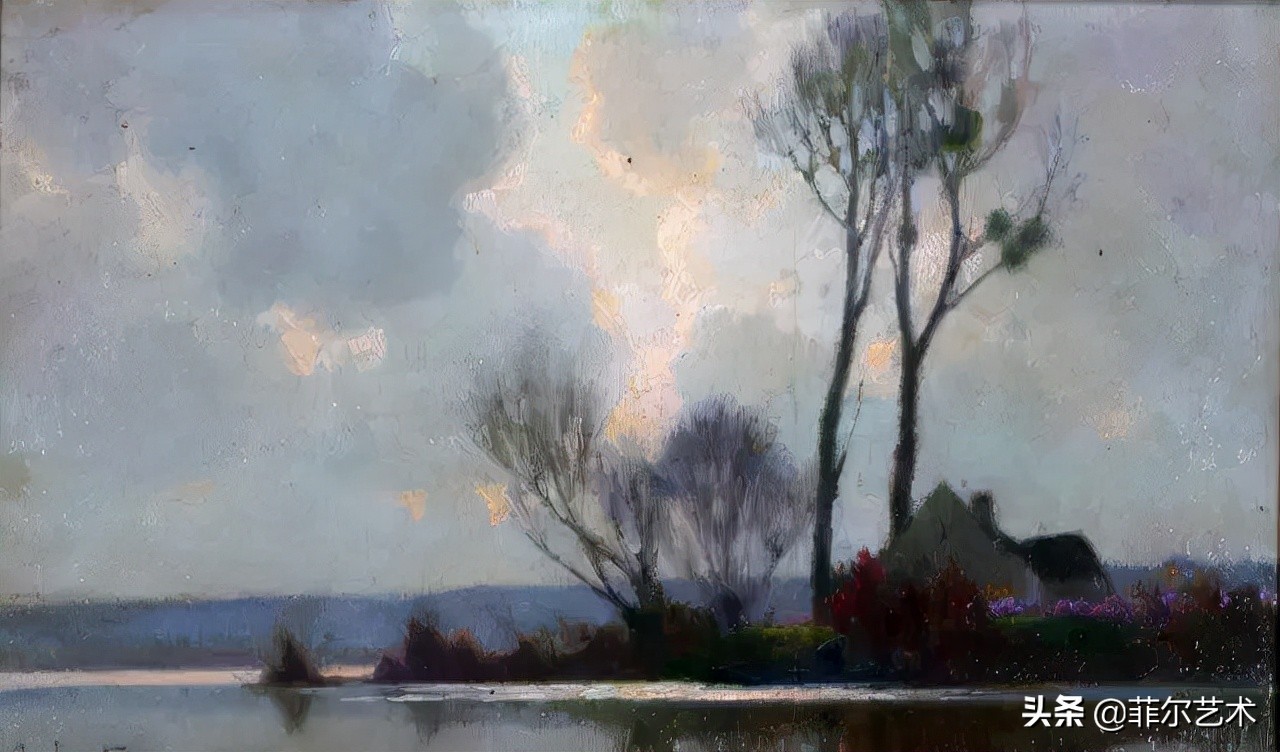 极简油画金色麦田和山,以红蓝为基调的风景油画