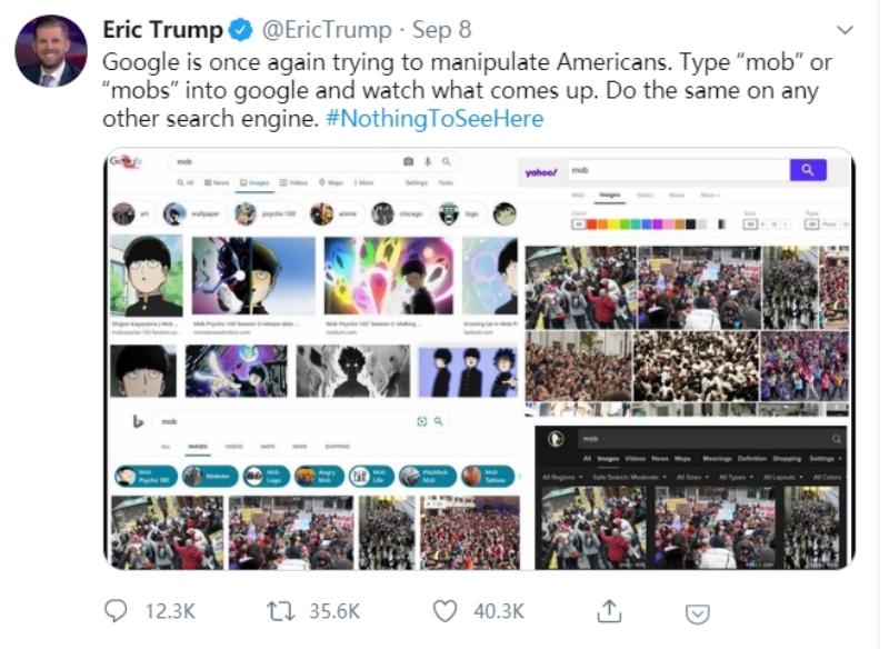 特朗普儿子因搜到《灵能百分百》图片怒喷谷歌蛊惑人心，惨遭群嘲