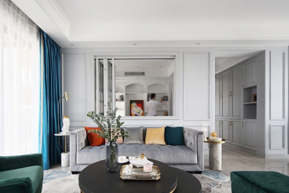 美式轻奢客厅和书房一体设计,美式轻奢风卧室书房一体效果图