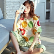 纯棉短袖七分裤女式睡衣,圆领短袖睡衣七分裤