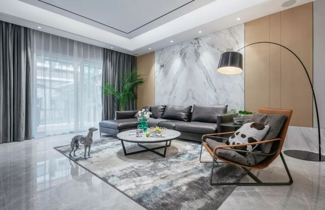 客厅大面积地砖深灰色铺贴效果图,客厅地砖简约铺贴图
