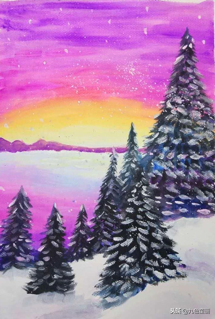 少儿儿童画教程，雪地松树少儿水粉画