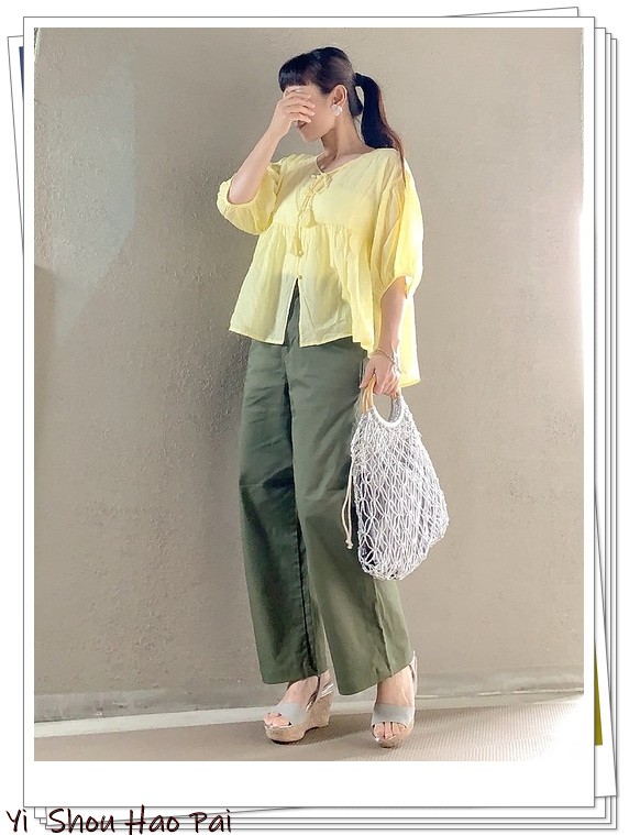 夏天绿色短袖阔腿裤套装配的凉鞋,黑色阔腿裤配绿色碎花上衣好看吗